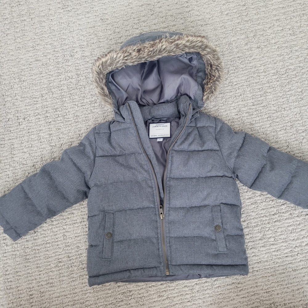 Janie And Jack Gray Kids Puffer Jacket with Faux Fur Hood